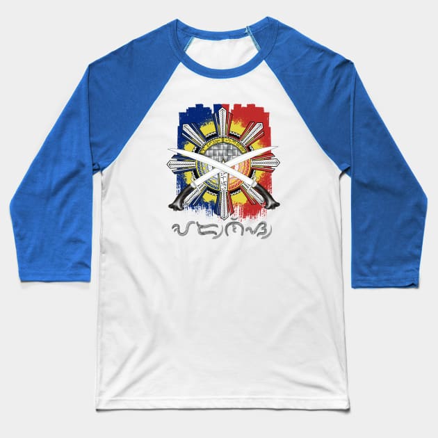 Philippine Flag Sun/ Ginunting sword/Baybayin word Arnis Baseball T-Shirt by Pirma Pinas